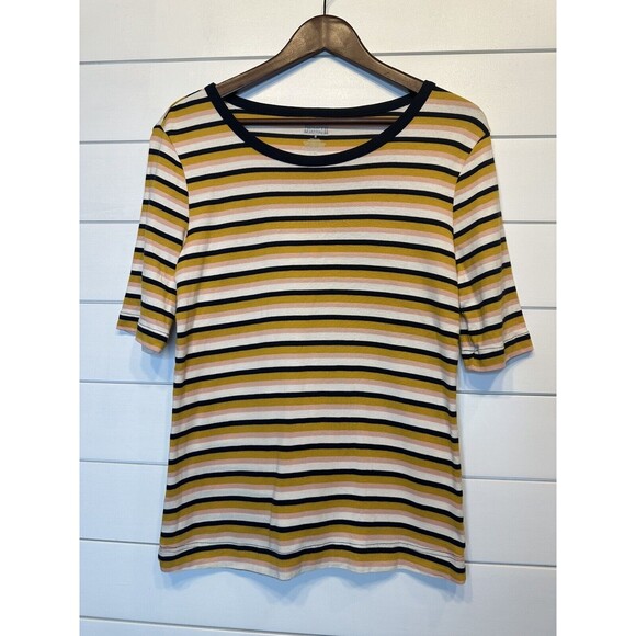 Women's Duluth Top Small Elbow Length Sleeve Tee 100% Cotton Stripe Pink Yellow - Picture 2 of 5
